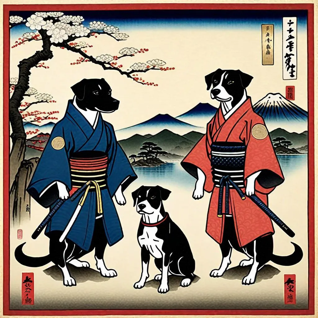 Prompt: black mountain cur dogs in hiroshige wearing samurai clothes