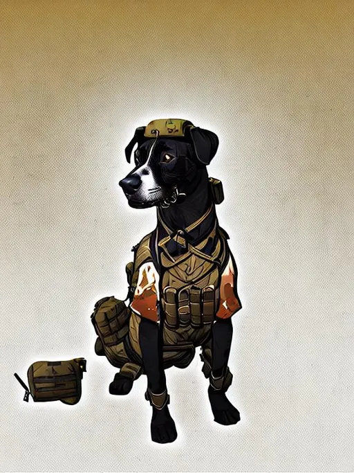 Prompt: black mountain cur dog in military gear in egypt