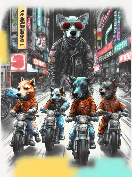 Prompt: pop art chalk pastel art of detailed dogs wearing biker gang clothes playing in the streets in cyberpunk japan during a festival, sketch, detailed background, highres, fun atmosphere, natural lighting,  abstract, fun