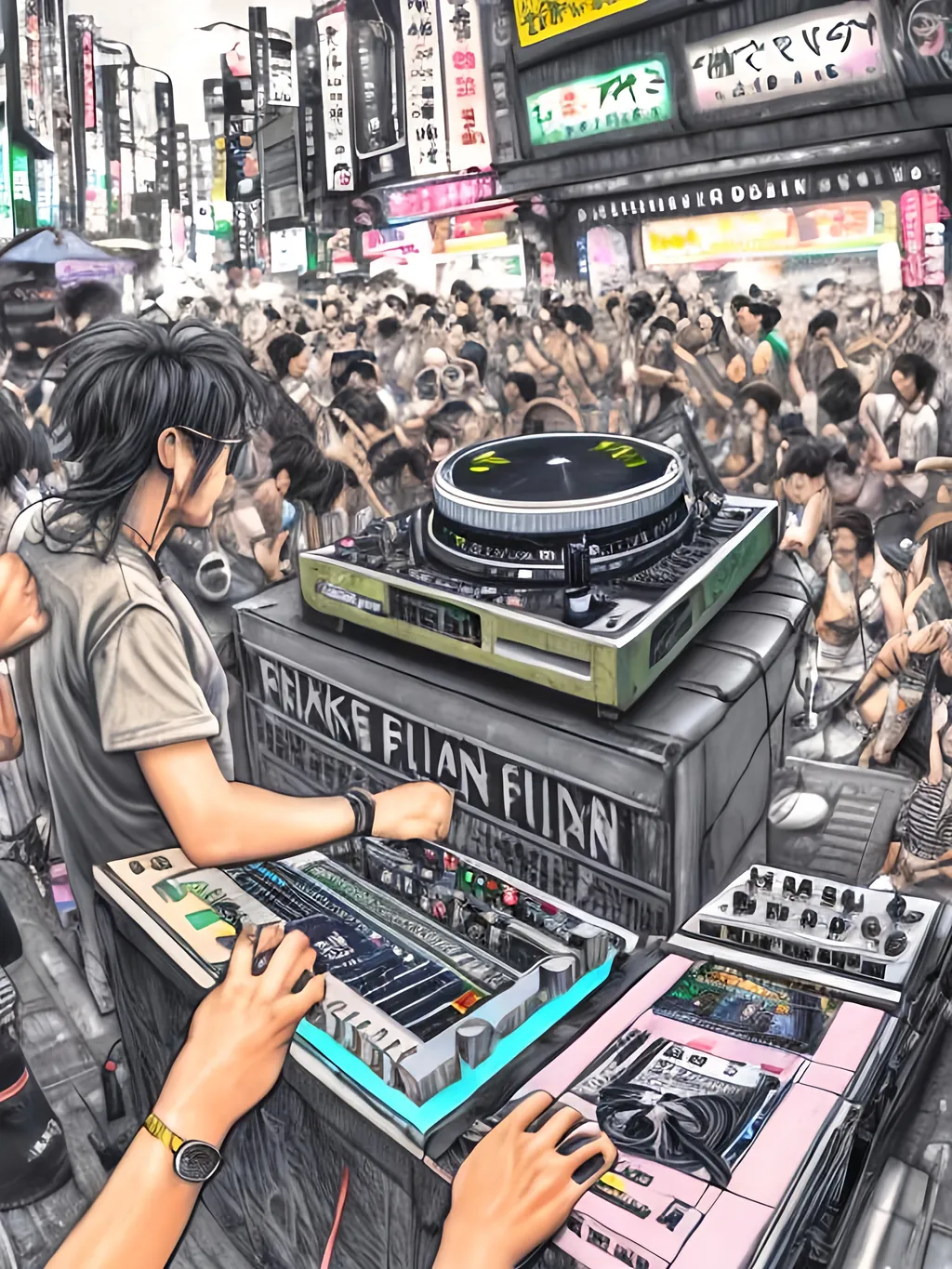 Prompt: chalk pastel art of detailed dog DJing in the streets in Japan during a festival, sketch, detailed background, highres, fun atmosphere, natural lighting,  abstract, fun