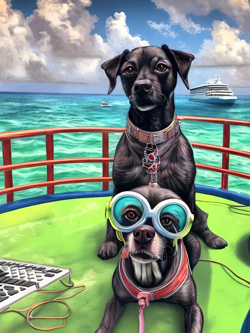 Prompt: chalk pastel style of a  detailed dog DJing on a cruise in Cancun, sketch, detailed background, highres, fun atmosphere, natural lighting,  abstract, fun