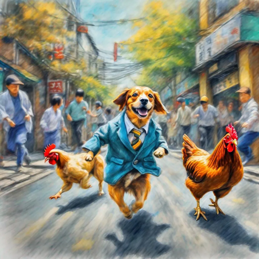 Prompt: chalk pastel art of dogs wearing clothes chasing a chicken in the streets in japan, sketch, detailed background, highres, fun atmosphere, natural lighting, pastel colors, abstract, fun