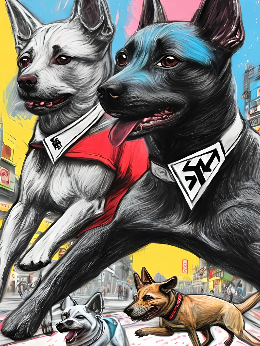 Prompt: pop art chalk pastel art of detailed dogs wearing nazi uniforms playing in the streets in japan during a festival, sketch, detailed background, highres, fun atmosphere, natural lighting,  abstract, fun