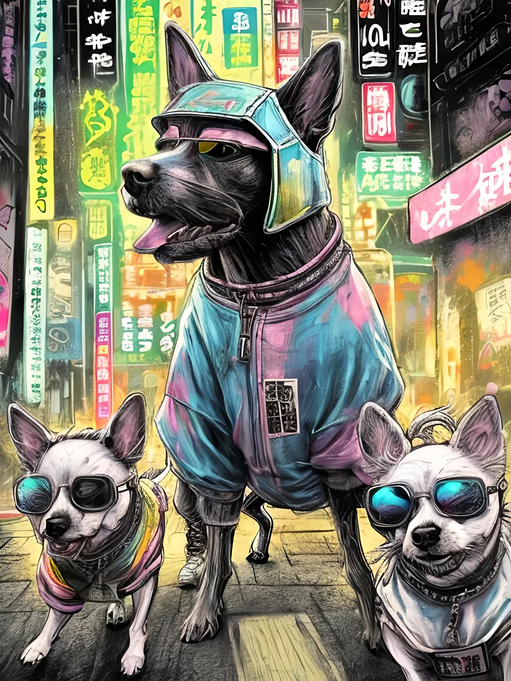 Prompt: pop art chalk pastel art of detailed dogs wearing gangster clothes playing in the streets in cyberpunk japan during a festival, sketch, detailed background, highres, fun atmosphere, natural lighting,  abstract, fun