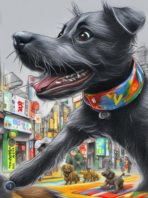 Prompt: pop art chalk pastel art of detailed dogs wearing clothes playing in the streets in japan during a festival, sketch, detailed background, highres, fun atmosphere, natural lighting,  abstract, fun