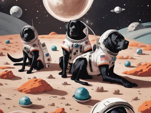 Prompt: abstract style art of black dogs in space in astronaut outfits