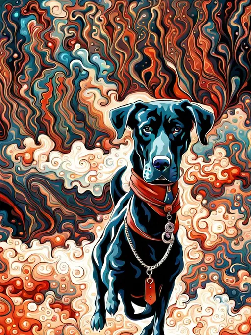 Prompt: mountain cur black dog in gangster clothing abstract art