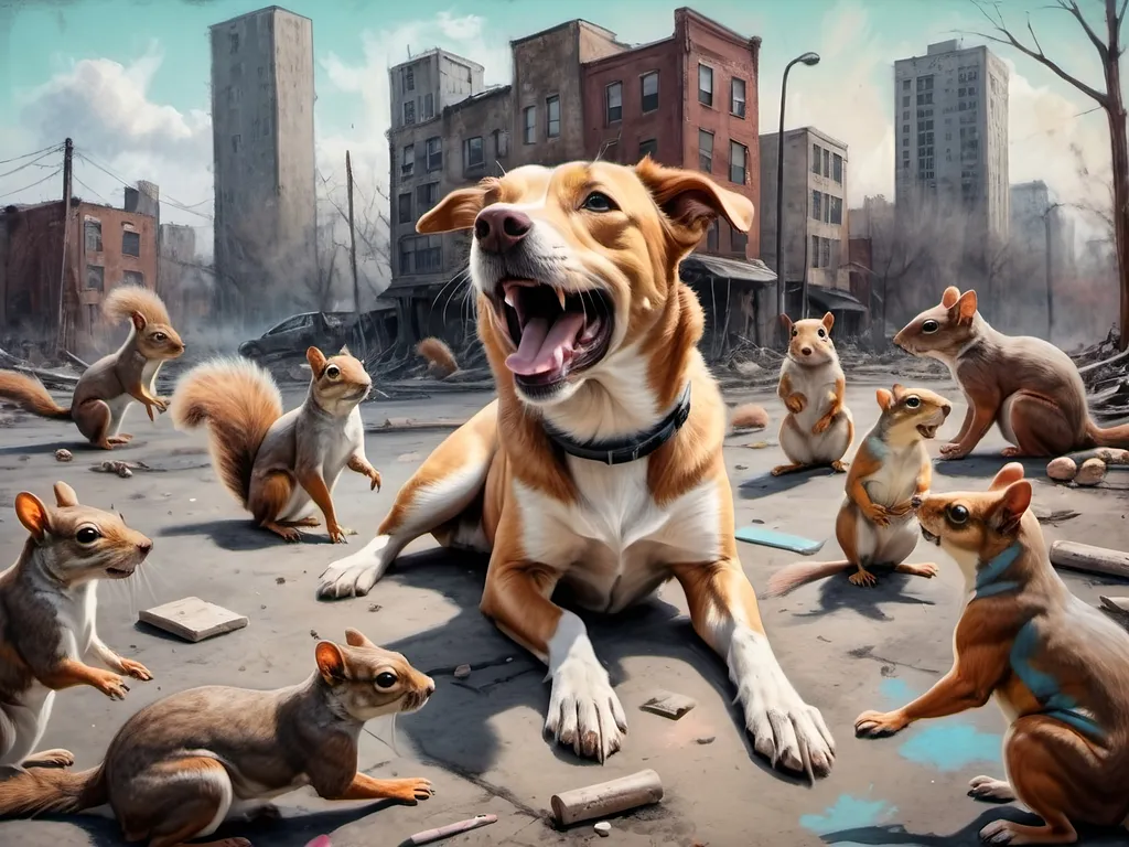 Prompt: pop art chalk pastel, a detailed happy dog being overwhelmed by squirrels, detailed background of a post-apocalyptic city, sketch, grunge, highres, abstract, natural lighting, fun, lively atmosphere