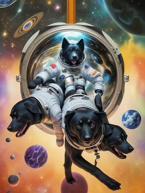 Prompt: Surrealism art, black dogs in astronaut outfits, space background, surrealistic, abstract, detailed fur, cosmic colors, dreamlike atmosphere, high quality, surrealism, astronaut dogs, abstract art, cosmic, detailed, surreal colors, space setting, dreamy lighting