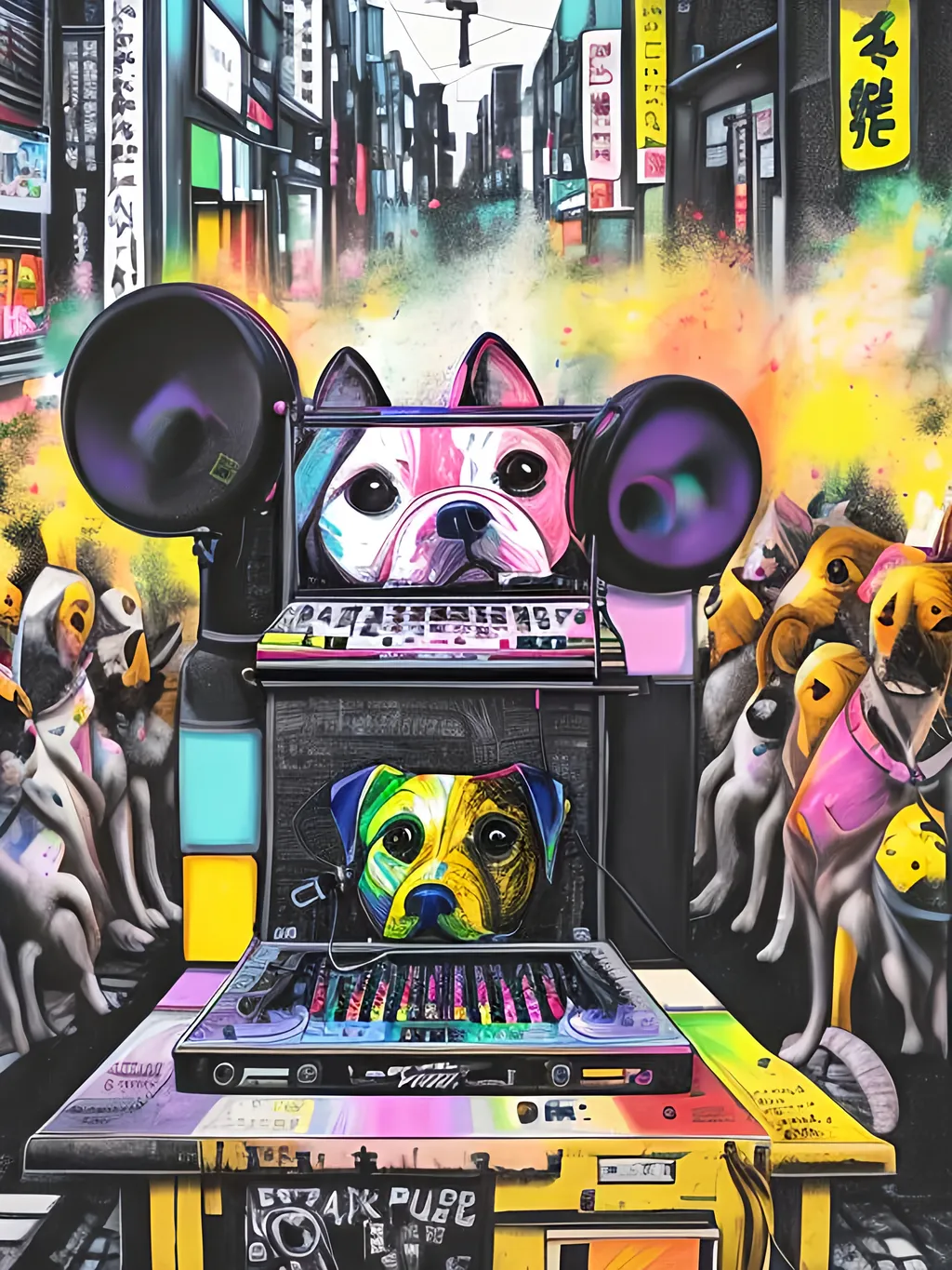 Prompt: pop art chalk pastel art of detailed dog DJing in the streets in Japan during a festival, sketch, detailed background, highres, fun atmosphere, natural lighting,  abstract, fun