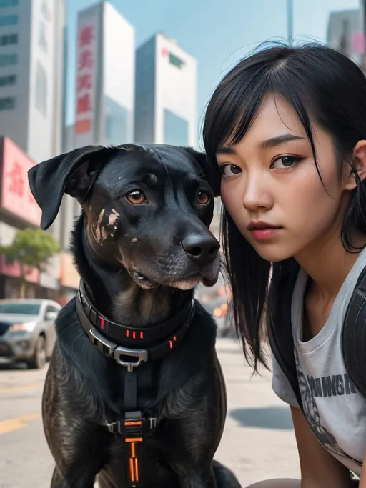 Prompt: mountain cur black dog with half asian girl in cyberpunk city