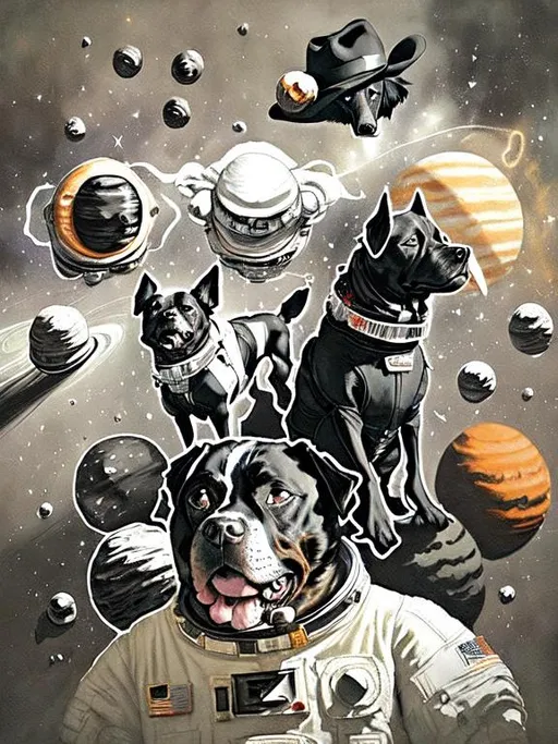 Prompt: Surrealism black dogs in trump outfits in space, abstract art style, cowboy hat, fun atmosphere, floating celestial bodies, mysterious nebulae, dreamlike, surreal, high contrast, otherworldly, abstract, space, astronaut, fun atmosphere, celestial bodies, dreamlike, surreal, high contrast, mysterious, nebulae, dogs, usa