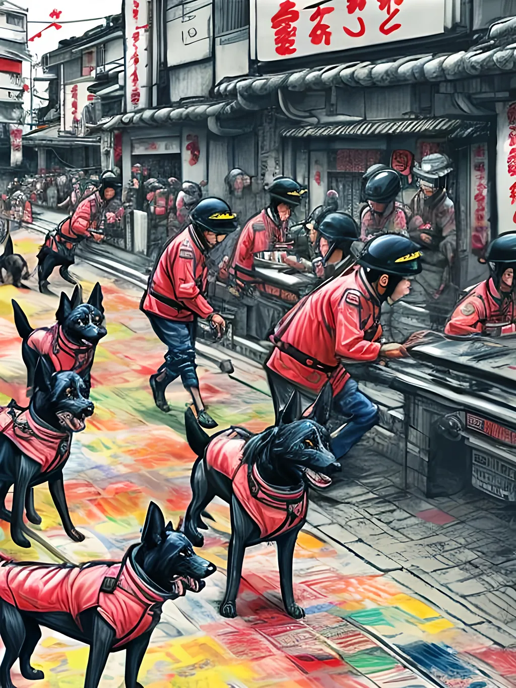 Prompt: pop art chalk pastel art of detailed dogs wearing pilot uniforms playing in the streets in japan during a festival, sketch, detailed background, highres, fun atmosphere, natural lighting,  abstract, fun