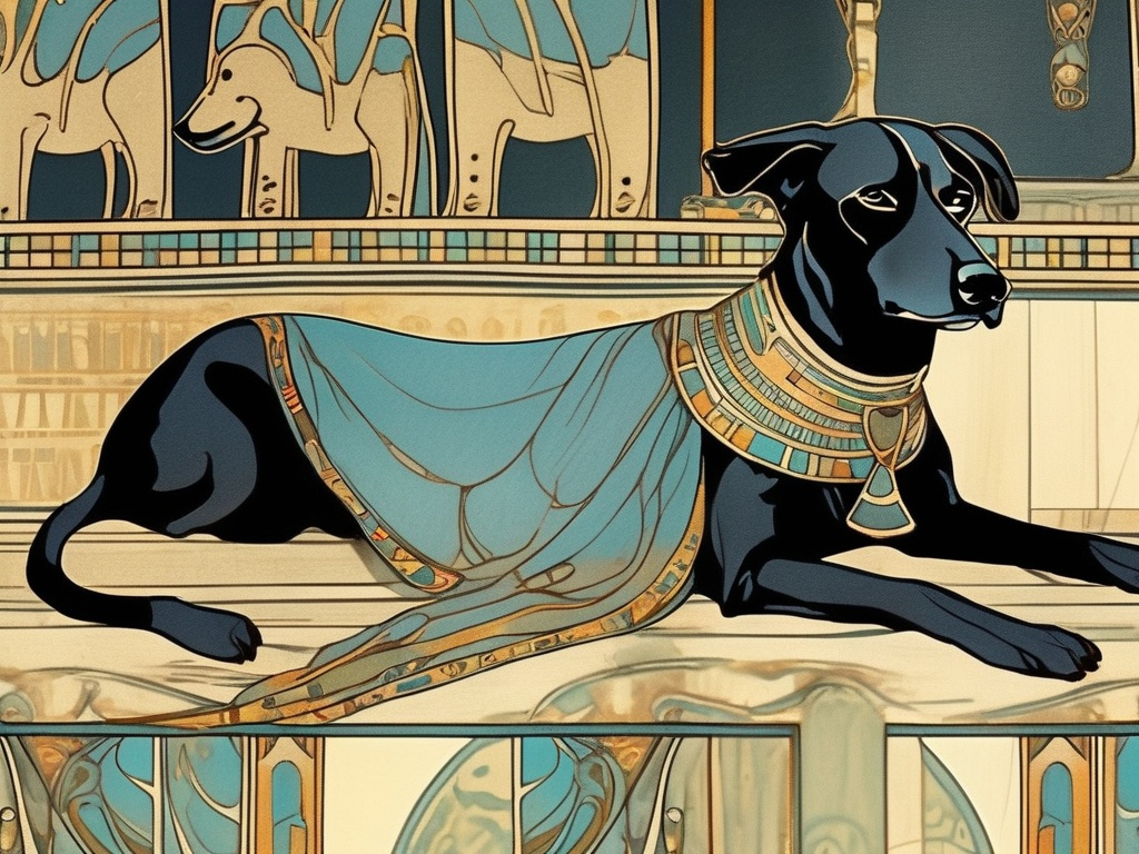 Prompt: Art Nouveau style black dogs in egyptian clothing