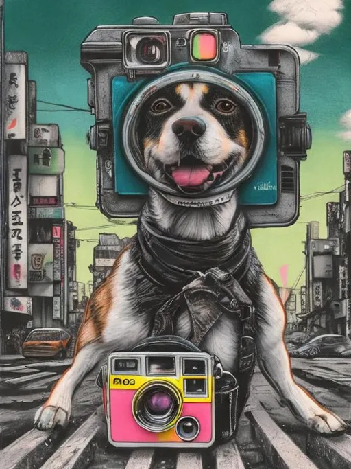 Prompt: pop art chalk pastel art of a detailed dog with a polaroid camera on the streets in post-apocalyptic Japan during a festival with planes in the background, sketch, detailed background, highres, fun atmosphere, natural lighting,  abstract, fun