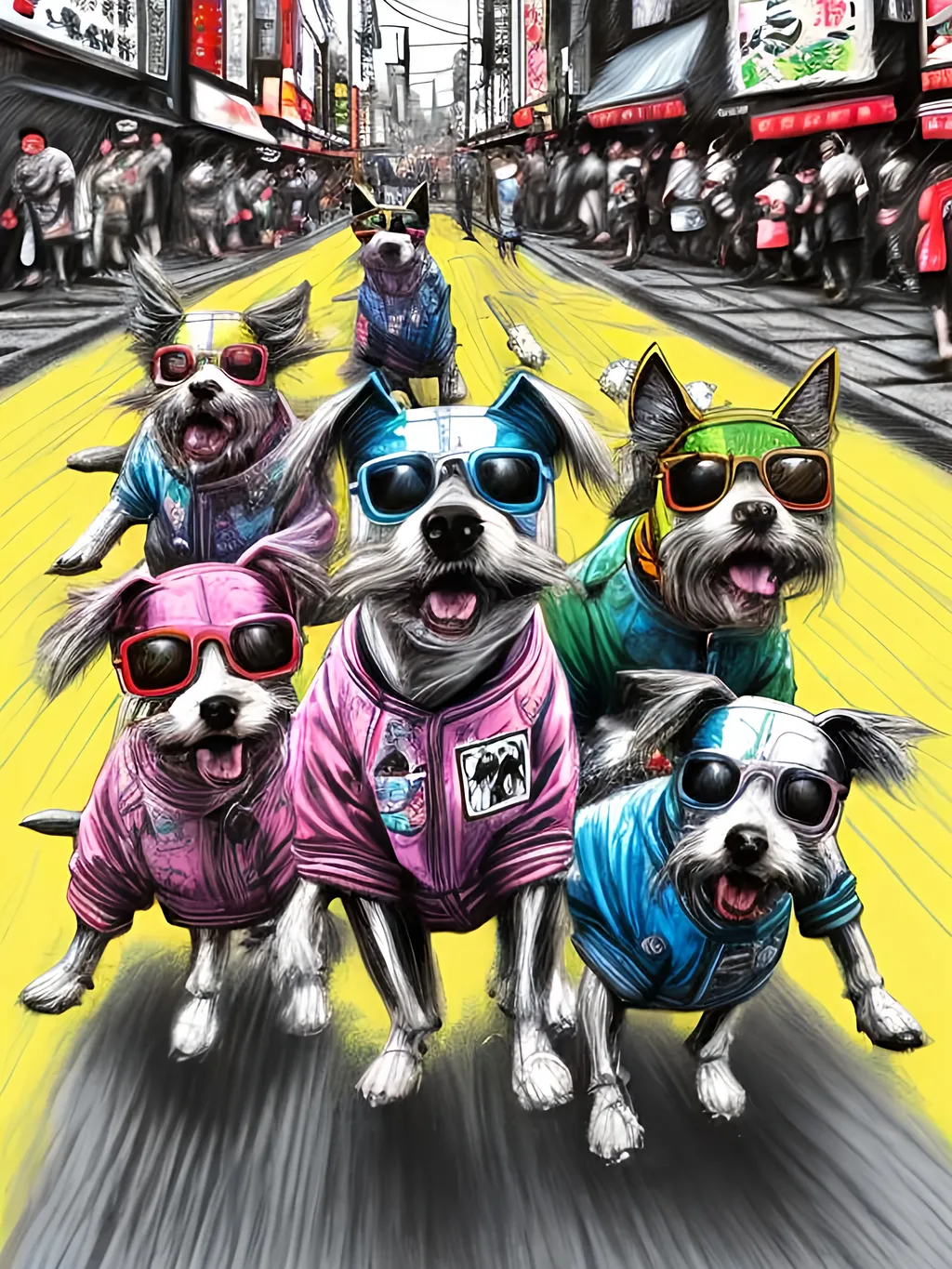 Prompt: pop art chalk pastel art of detailed dogs wearing gangster clothes playing in the streets in japan during a festival, sketch, detailed background, highres, fun atmosphere, natural lighting,  abstract, fun