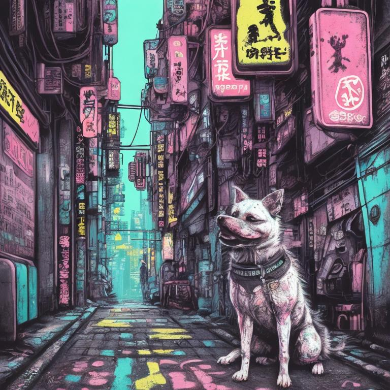 Prompt: pop art chalk pastel, a detailed grunge dog in the streets in cyberpunk japan, detailed background, natural lighting, highres, fun