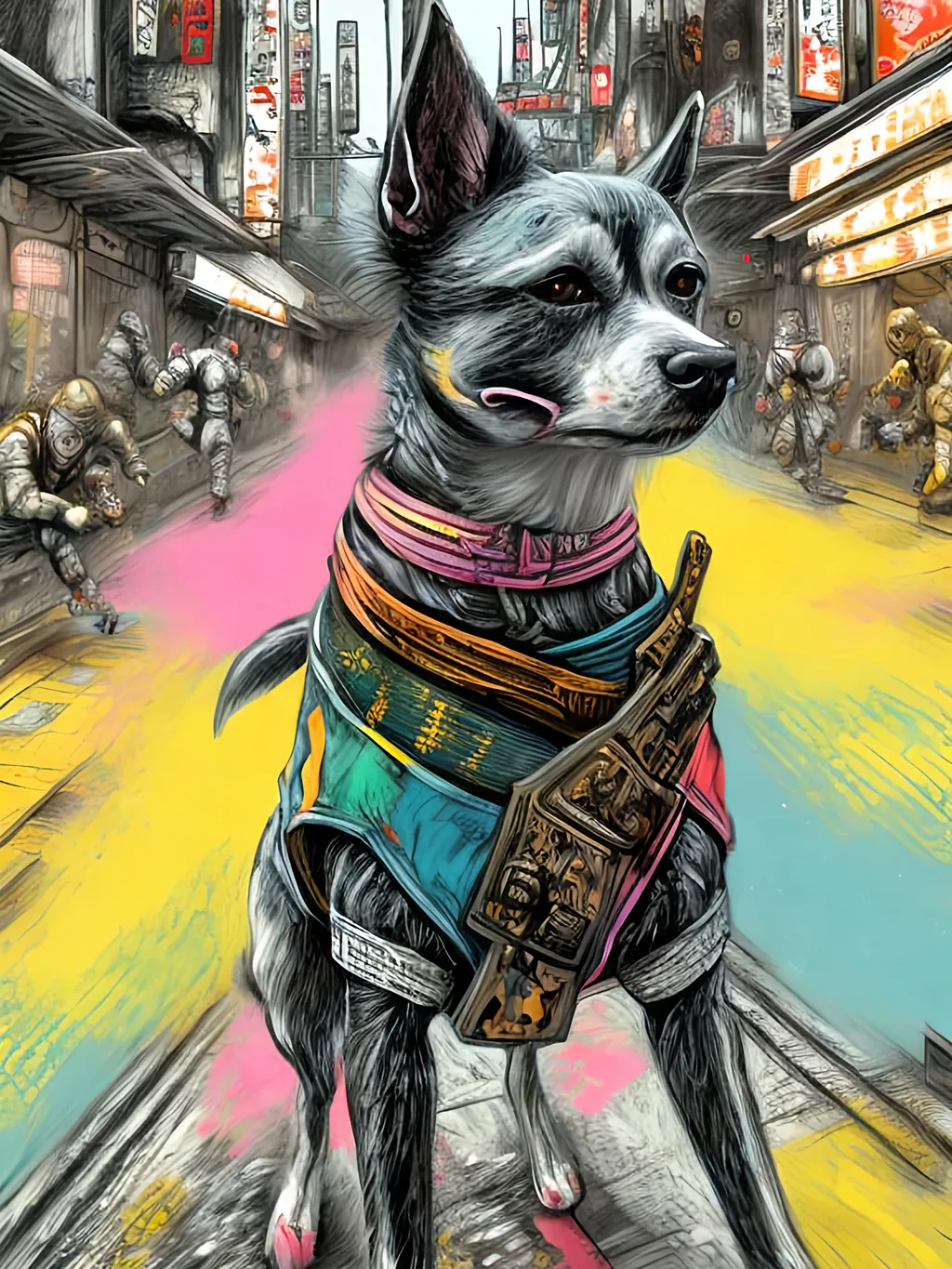 Prompt: pop art chalk pastel art of detailed dogs wearing ninja clothes playing in the streets in cyberpunk japan during a festival, sketch, detailed background, highres, fun atmosphere, natural lighting,  abstract, fun