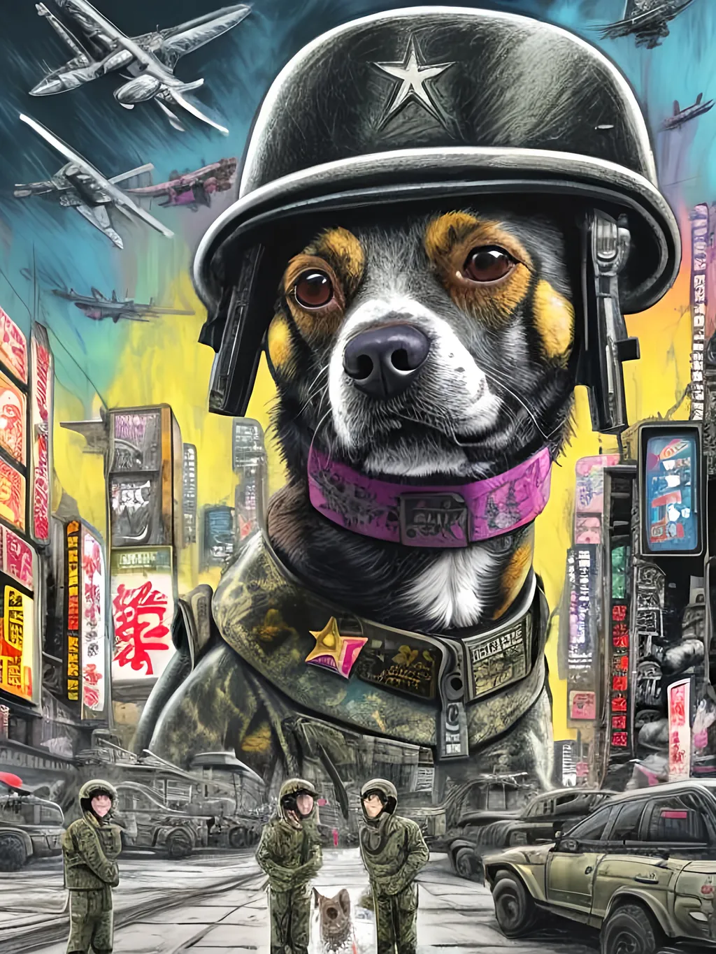 Prompt: pop art chalk pastel art of a detailed dog wearing a military uniform on the streets in cyberpunk japan during a festival with planes in the background, sketch, detailed background, highres, fun atmosphere, natural lighting,  abstract, fun