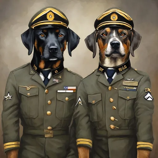 Prompt: mountain cur black dogs in pilot uniform art