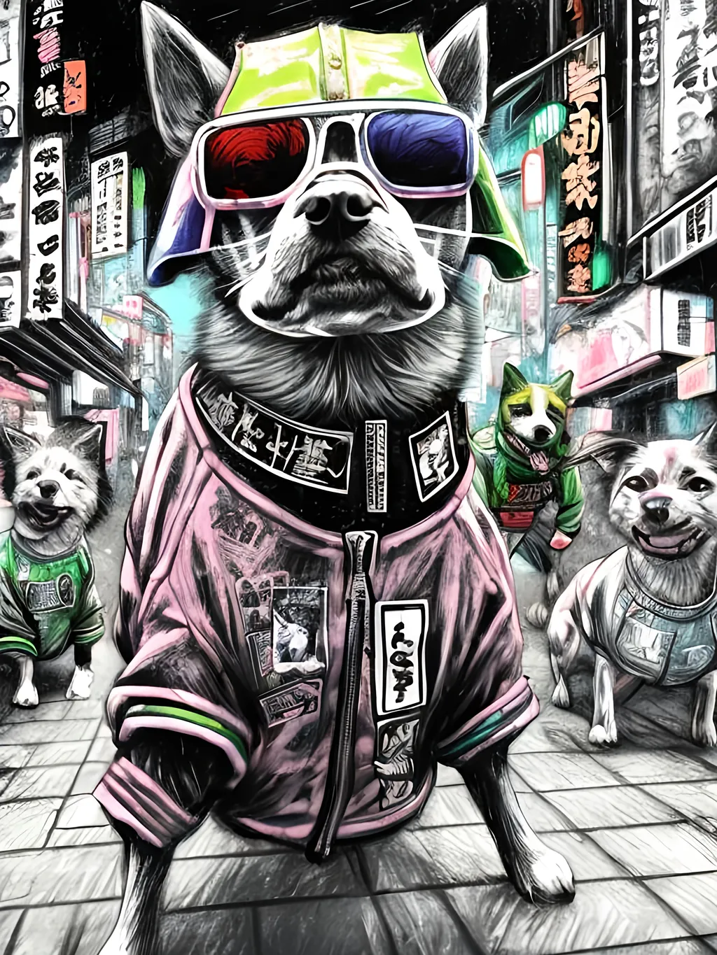 Prompt: pop art chalk pastel art of detailed dogs wearing gangster clothes playing in the streets in cyberpunk japan during a festival, sketch, detailed background, highres, fun atmosphere, natural lighting,  abstract, fun