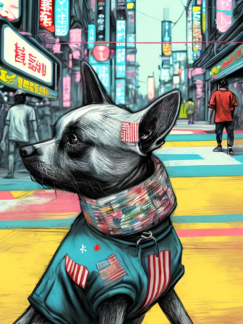 Prompt: pop art chalk pastel art of detailed dog wearing USA clothes playing in the streets in cyberpunk japan during a festival, sketch, detailed background, highres, fun atmosphere, natural lighting,  abstract, fun