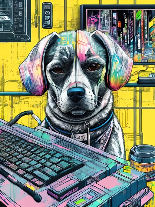 Prompt: pop art chalk pastel art of detailed dog hacking computers in cyberpunk japan, sketch, detailed background, highres, fun atmosphere, natural lighting,  abstract, fun