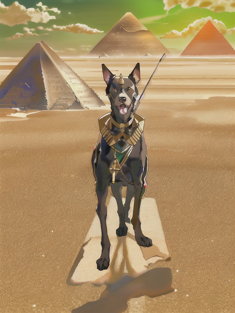 Prompt: black mountain cur dog in military gear in egypt