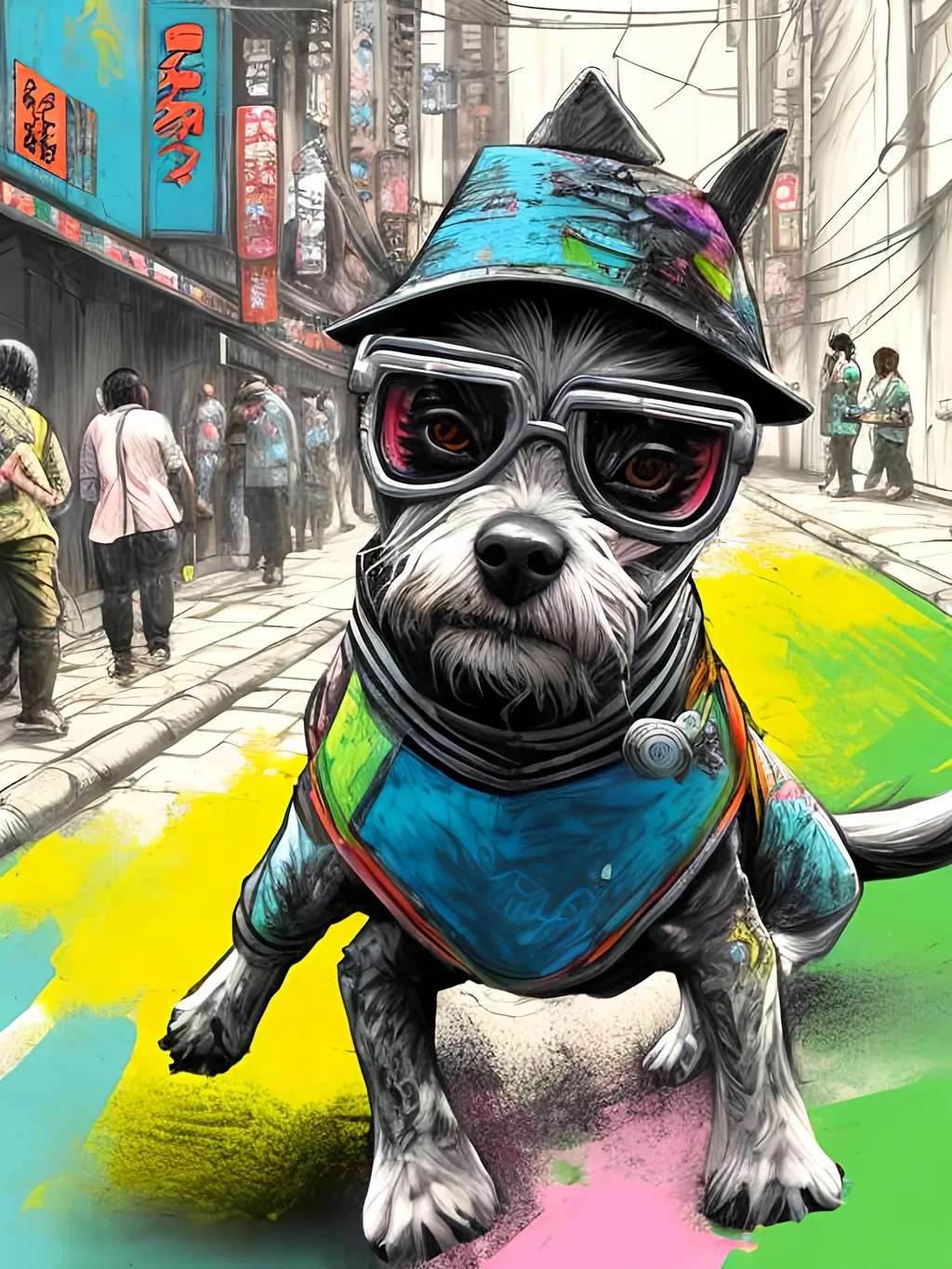 Prompt: pop art chalk pastel art of detailed dog wearing ninja clothes playing in the streets in cyberpunk japan during a festival, sketch, detailed background, highres, fun atmosphere, natural lighting,  abstract, fun