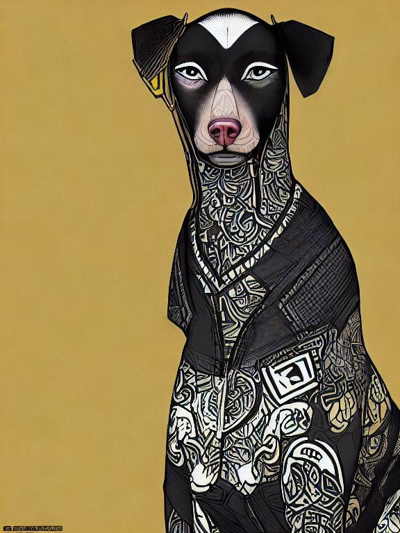 Prompt: all black mountain cur dog dressed as yakuza DJing