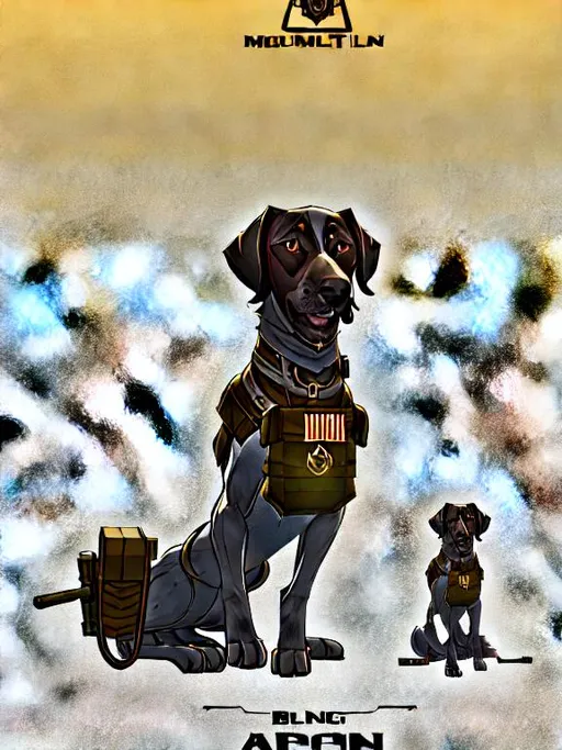 Prompt: black mountain cur dog in military gear in egypt 90s poster