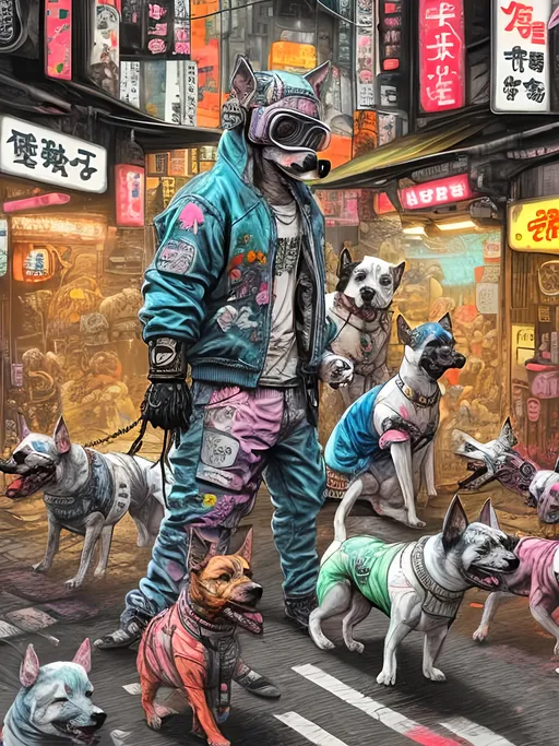 Prompt: pop art chalk pastel art of detailed dogs wearing gangster clothes playing in the streets in cyberpunk japan during a festival, sketch, detailed background, highres, fun atmosphere, natural lighting,  abstract, fun