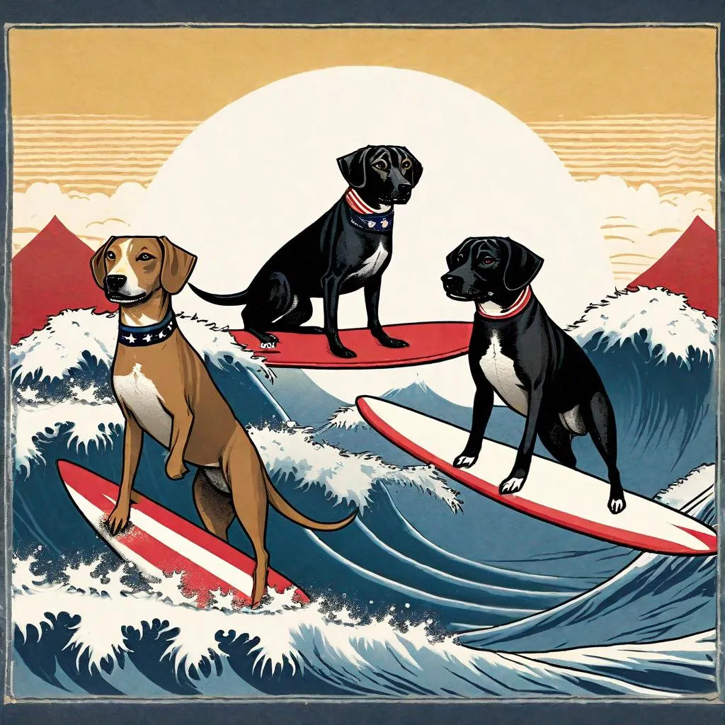 Prompt: black mountain cur dogs surfing in hiroshige wave wearing pro trump clothes