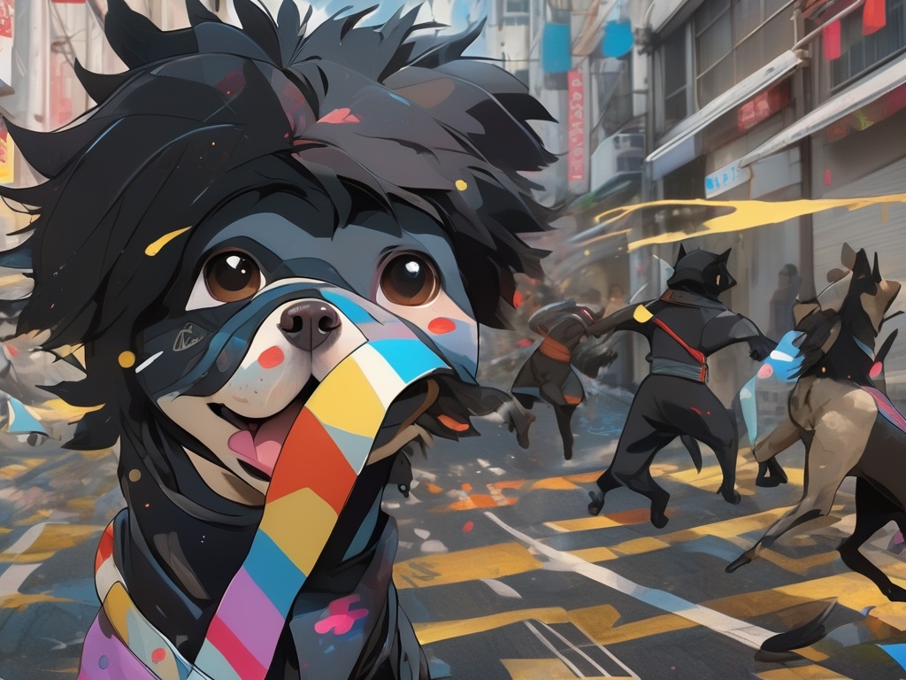 Prompt: black dog wearing ninja clothes having fun in the streets with a battle in the background, dogs, abstract art, Screen print, splash screen art, digital art, 8k resolution trending on Artstation, golden ratio, akira, rule of thirds, geometric bauhaus, Studio Ghibli, Anime Key Visual, by Makoto Shinkai, Deep Color, Intricate, 8k resolution concept art, Natural Lighting, Beautiful Composition