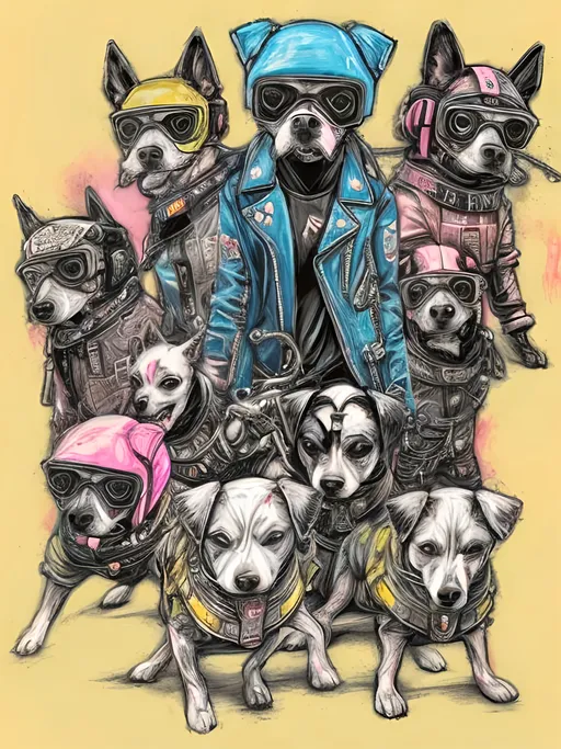 Prompt: pop art chalk pastel art of detailed dogs wearing biker gang clothes playing in the streets in cyberpunk japan during a festival, sketch, detailed background, highres, fun atmosphere, natural lighting,  abstract, fun