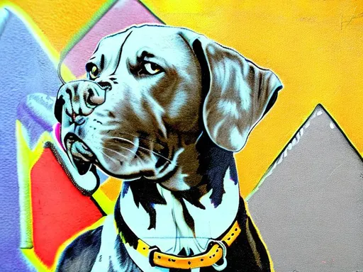 Prompt: mountain cur black dogs in gangster rappers clothing graffiti