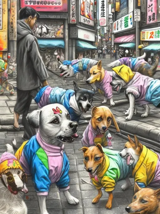 Prompt: pop art chalk pastel art of detailed dogs wearing clothes playing in the streets in japan during a festival, sketch, detailed background, highres, fun atmosphere, natural lighting,  abstract, fun