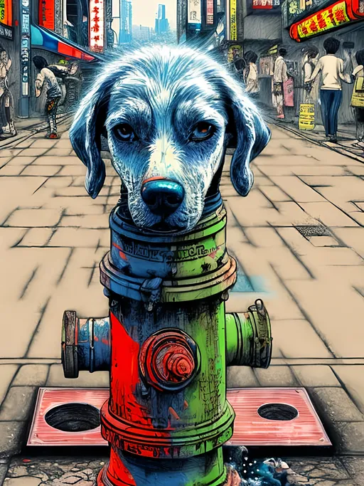 Prompt: pop art chalk pastel art of detailed dog peeing on a fire hydrant in cyberpunk japan during a festival, sketch, detailed background, highres, fun atmosphere, natural lighting,  abstract, fun