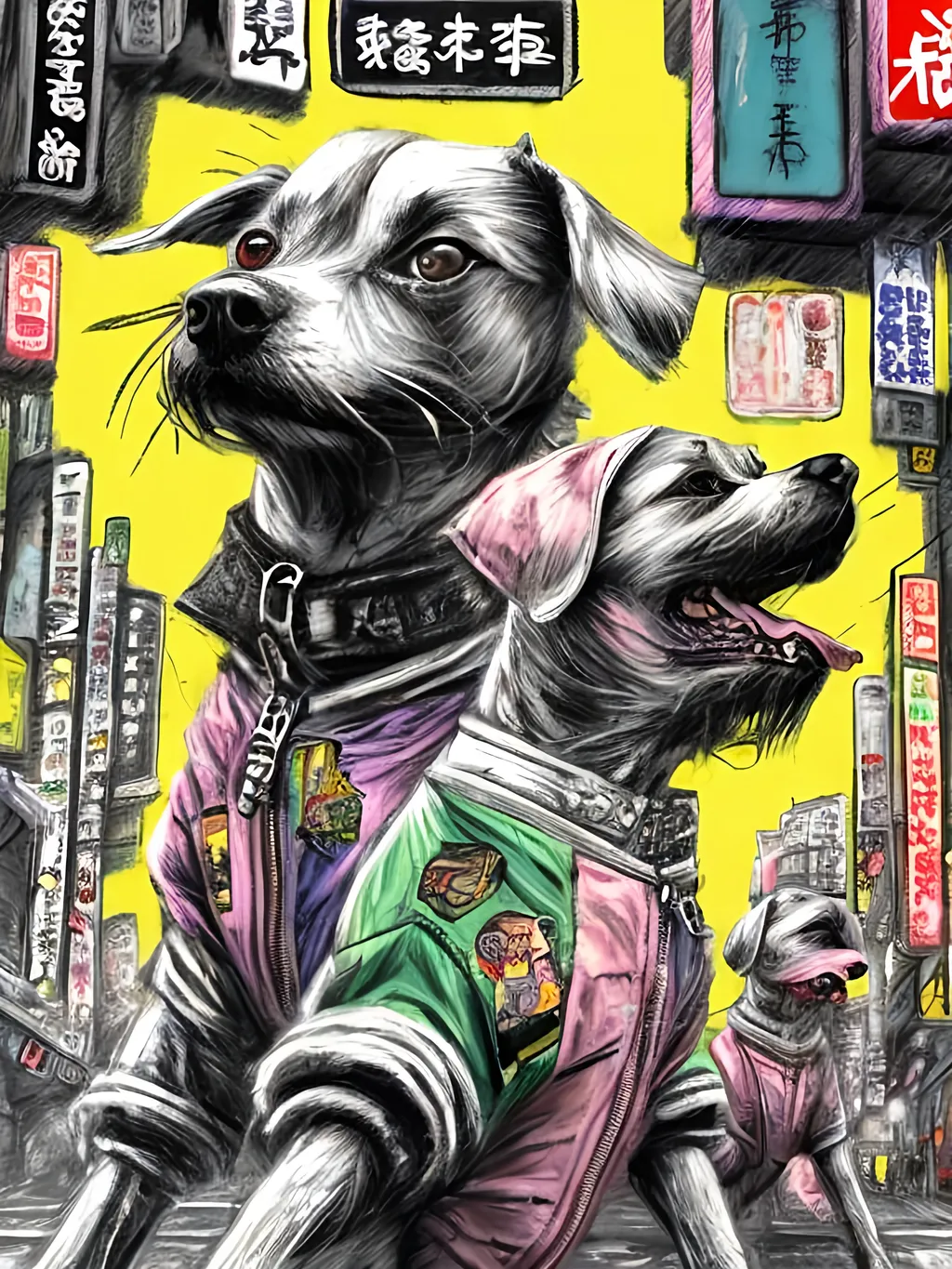 Prompt: pop art chalk pastel art of detailed dogs wearing gangster clothes playing in the streets in cyberpunk japan during a festival, sketch, detailed background, highres, fun atmosphere, natural lighting,  abstract, fun