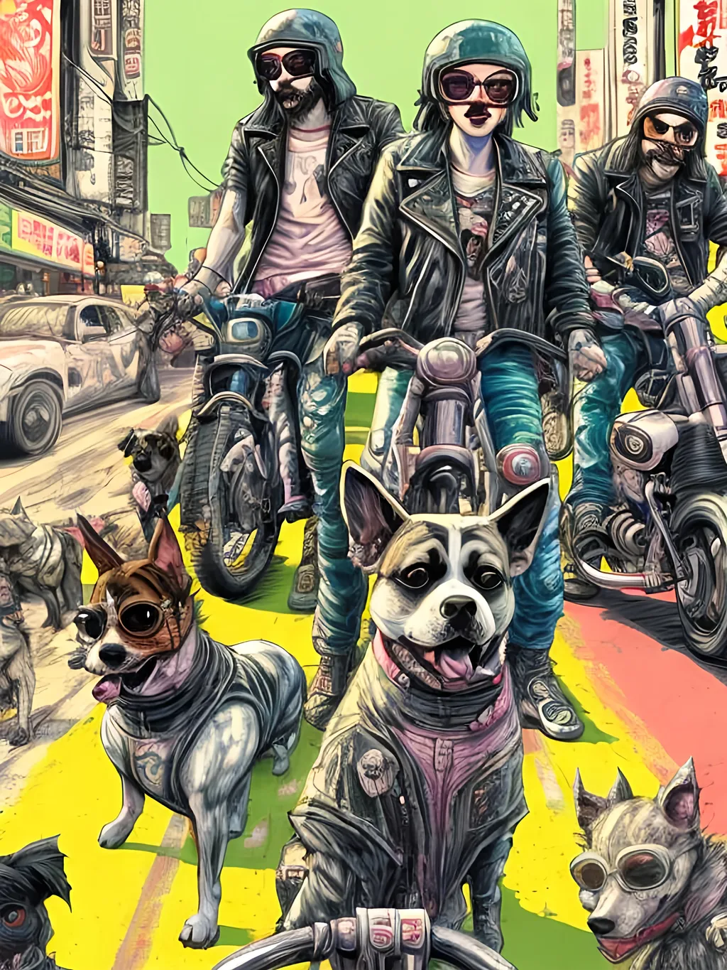 Prompt: pop art chalk pastel art of detailed dogs wearing biker gang clothes playing in the streets in cyberpunk japan during a festival, sketch, detailed background, highres, fun atmosphere, natural lighting,  abstract, fun