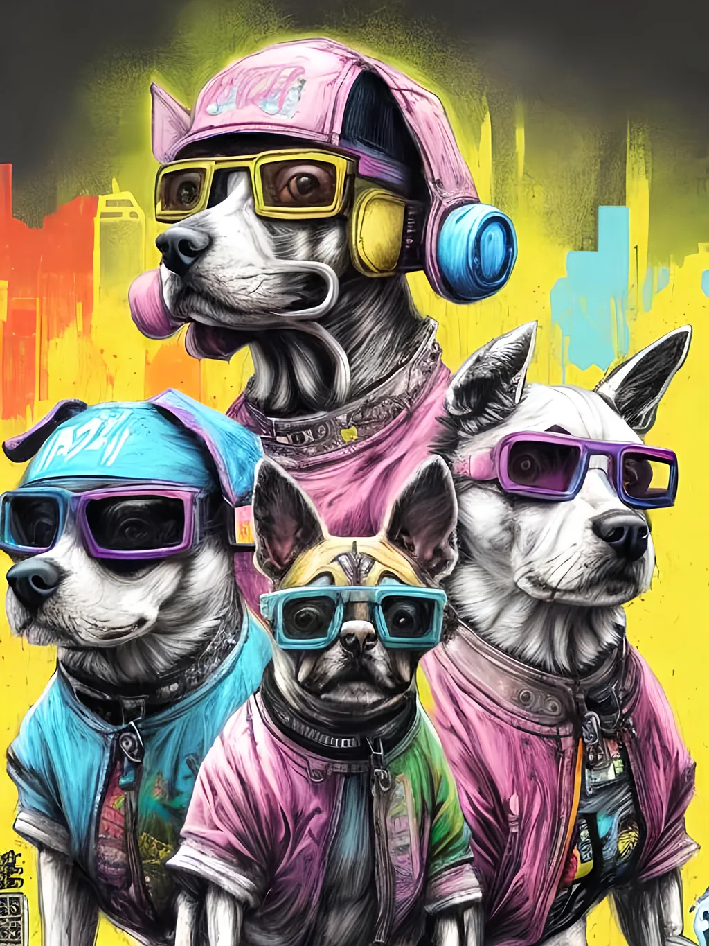 Prompt: pop art chalk pastel art of detailed dogs wearing gangster clothes playing in the streets in cyberpunk japan during a festival, sketch, detailed background, highres, fun atmosphere, natural lighting,  abstract, fun