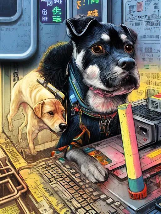 Prompt: pop art chalk pastel art of a detailed dog hacking a computer on the subway train in cyberpunk japan with planes in the background, sketch, detailed background, highres, fun atmosphere, natural lighting,  abstract, fun