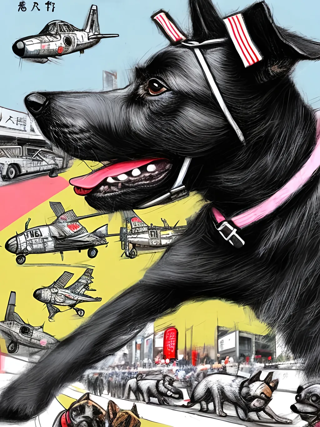 Prompt: pop art chalk pastel art of detailed dogs wearing pilot uniforms playing in the streets in japan during a festival, sketch, detailed background, highres, fun atmosphere, natural lighting,  abstract, fun