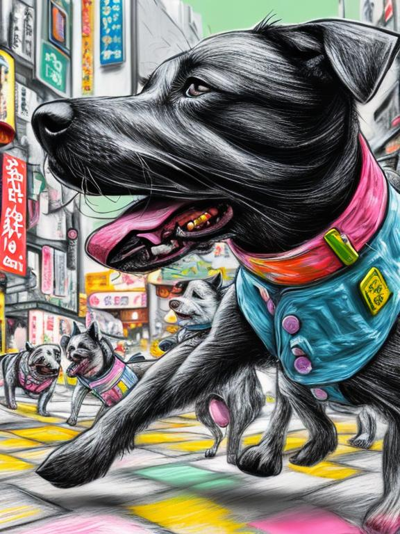 Prompt: pop art chalk pastel art of detailed dogs wearing clothes playing in the streets in japan during a festival, sketch, detailed background, highres, fun atmosphere, natural lighting,  abstract, fun