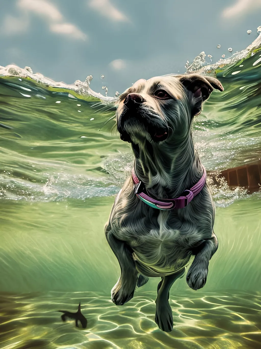 Prompt: chalk pastel style of a detailed dog swimming, sketch, detailed background, highres, fun atmosphere, natural lighting,  abstract, fun