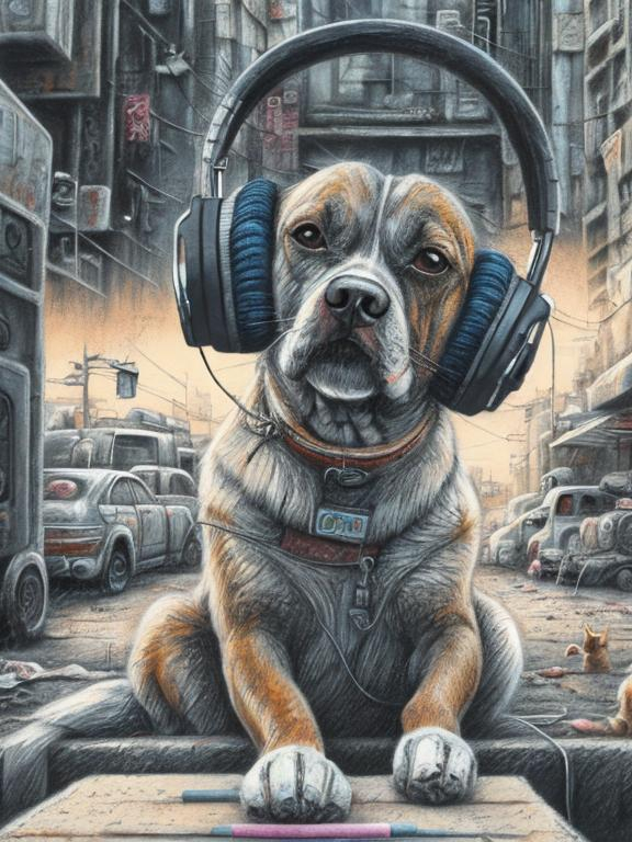 Prompt: chalk pastel art of a detailed dog listening to music on the streets in post-apocalyptic Japan during a festival with planes in the background, sketch, detailed background, highres, fun atmosphere, natural lighting,  abstract, fun