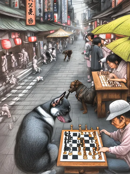 Prompt: chalk pastel art of detailed dog playing chess in the streets in Japan during a festival, sketch, detailed background, highres, fun atmosphere, natural lighting,  abstract, fun