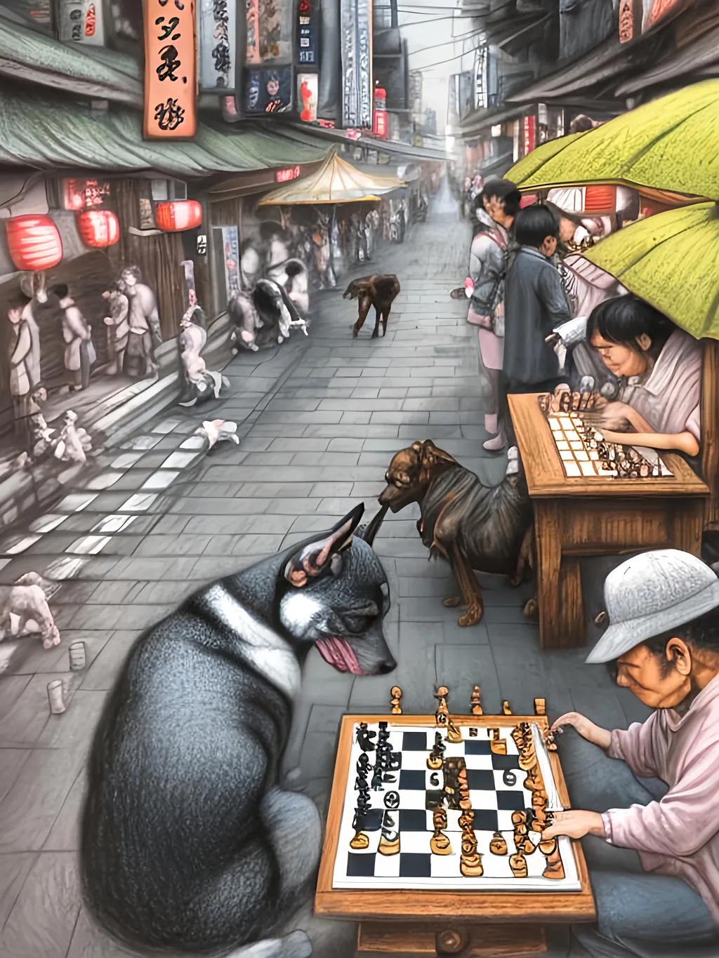 Prompt: chalk pastel art of detailed dog playing chess in the streets in Japan during a festival, sketch, detailed background, highres, fun atmosphere, natural lighting,  abstract, fun