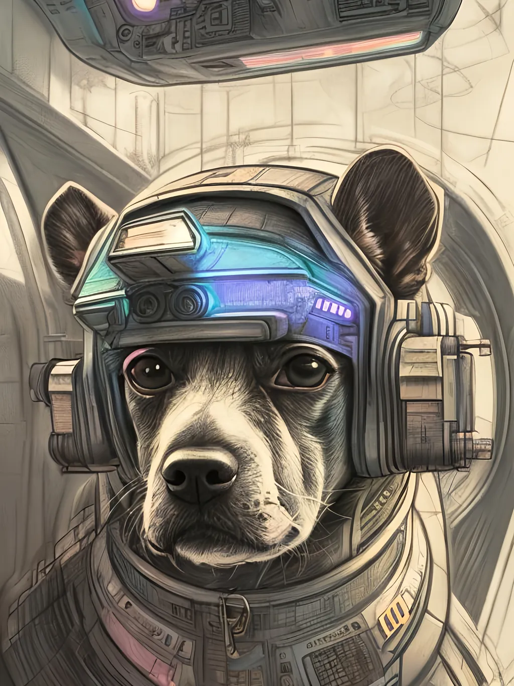 Prompt: chalk pastel style of a  detailed dog in a cyberpunk spaceship, sketch, detailed background, highres, fun atmosphere, natural lighting,  abstract, fun