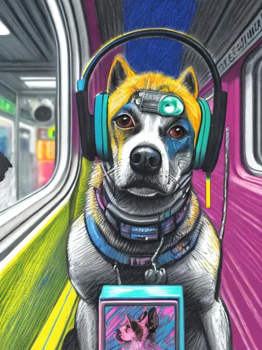 Prompt: pop art chalk pastel art of a detailed dog listening to music on the train in cyberpunk japan during a festival, sketch, detailed background, highres, fun atmosphere, natural lighting,  abstract, fun